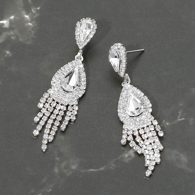Madeline Love Clear, Silver Teardrop Fringe Drop Evening Earrings