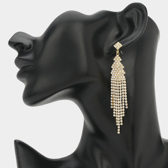 Madeline Love Clear, Gold Rhinestone Tassel Long Drop Evening Earrings