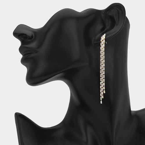 Rhinestone Pave Linear Drop Fringe Evening Earrings - Clear, Gold