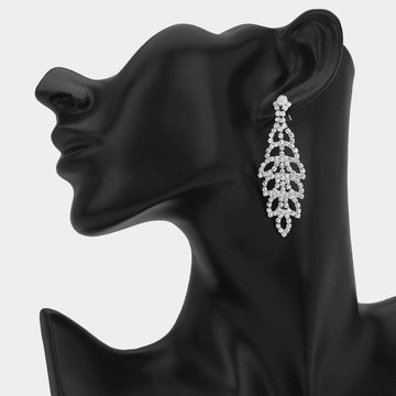 Madeline Love Clear, Silver Rhinestone Pave Leaf Pattern Drop Evening Earrings