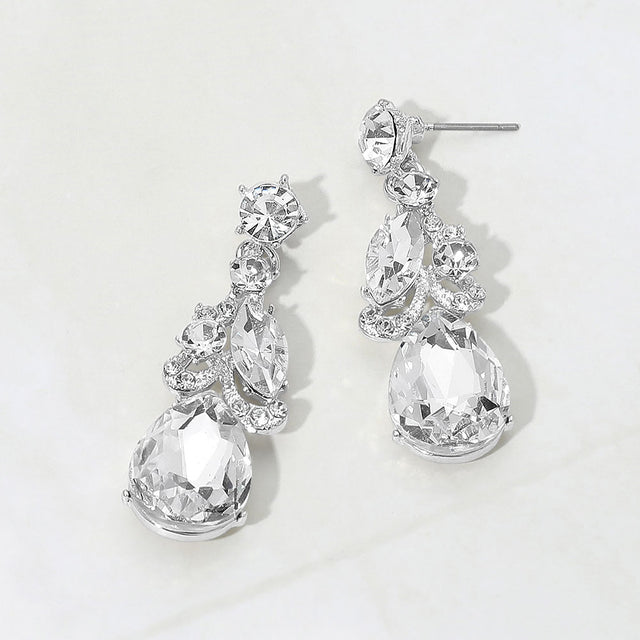 Madeline Love Clear, Silver Teardrop Marquise Cluster Drop Evening Earrings