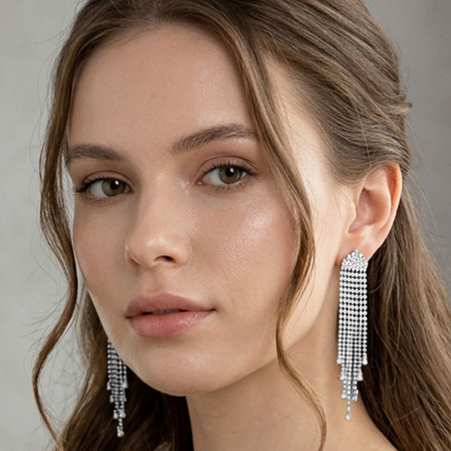 Madeline Love Clear, Silver Cascading CZ Crystal Fringe Tassel Drop Evening Earrings