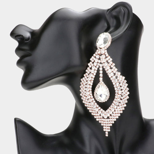 Glass Crystal Rhinestone Drop Evening Earrings - Rose Gold