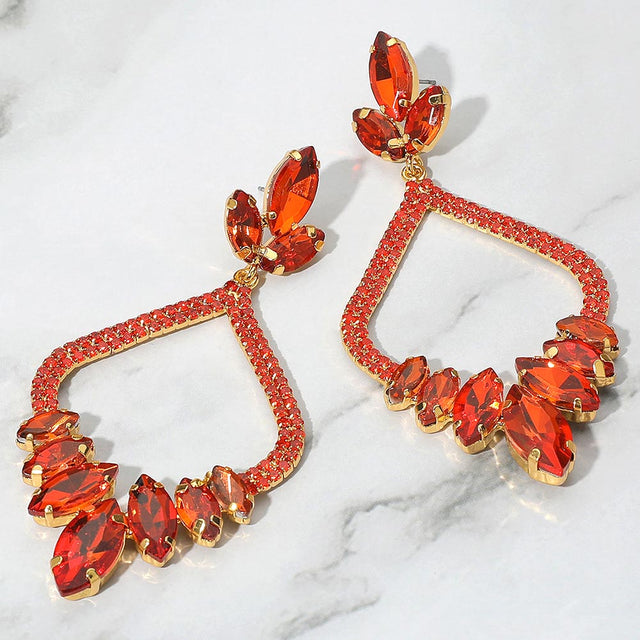 Madeline Love Orange Marquise Stone Cluster Embellished Rhinestone Paved Open Chandelier Dangle Evening Earrings