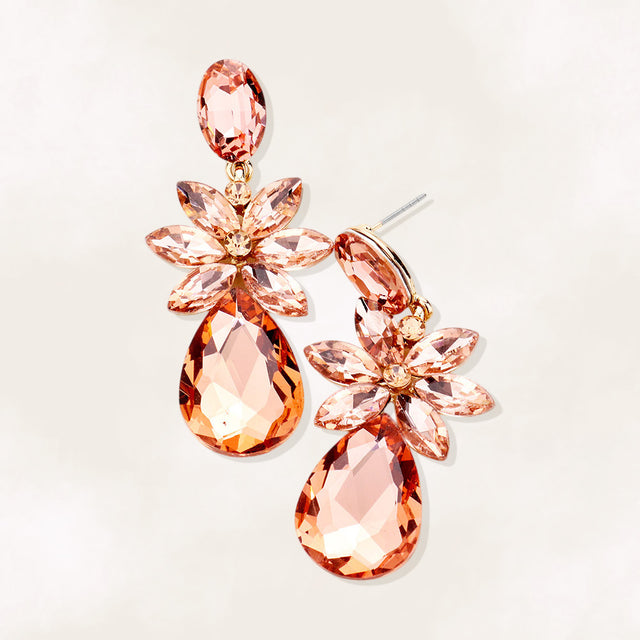 Madeline Love Gold, Peach Marquise Stone Flower Teardrop Dangle Evening Earrings