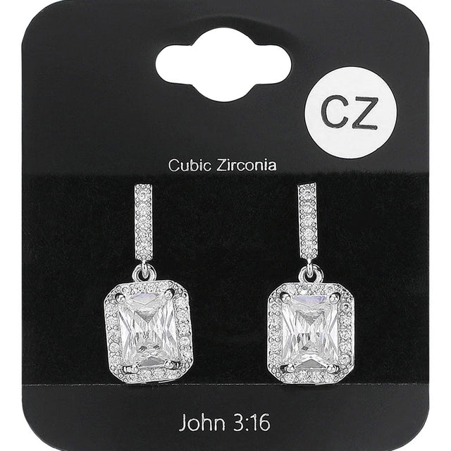 Madeline Love Clear, Rhodium Square CZ Stone Cluster Dangle Evening Earrings