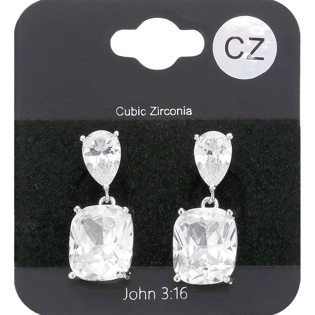 Madeline Love Rhodium CZ Teardrop Rectangle Stone Cluster Dangle Evening Earrings