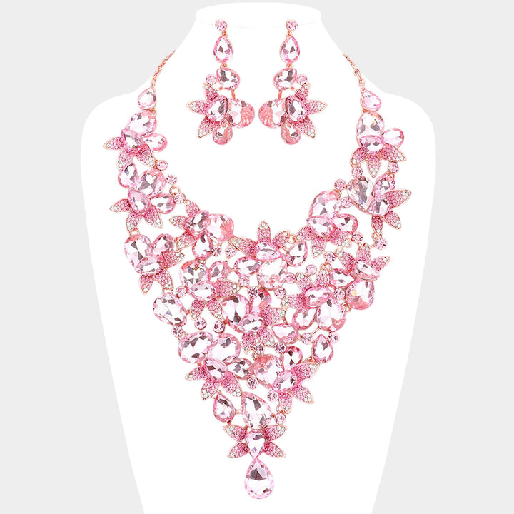 Pink, Rose Gold Teardrop Stone Leaf Cluster Vine Statement Evening Necklace