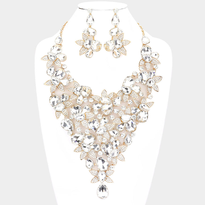 Gold Teardrop Stone Leaf Cluster Vine Statement Evening Necklace