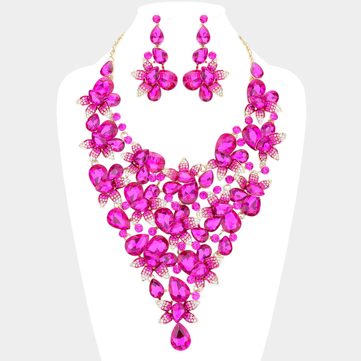Fuchsia, Gold Teardrop Stone Leaf Cluster Vine Statement Evening Necklace
