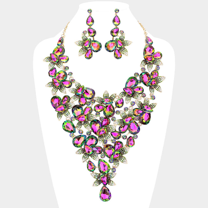 Teardrop Stone Leaf Cluster Vine Statement Evening Necklace
