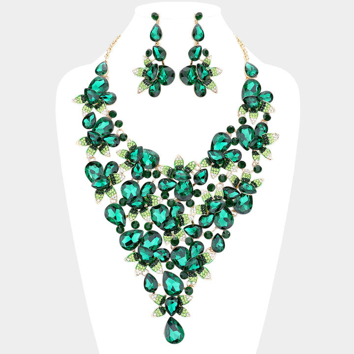 Gold, Green Teardrop Stone Leaf Cluster Vine Statement Evening Necklace