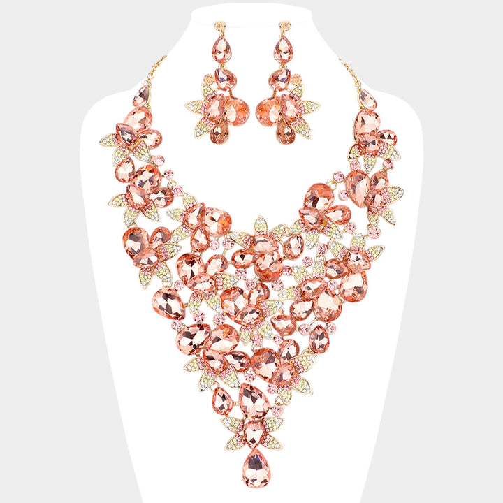 Peach Teardrop Stone Leaf Cluster Vine Statement Evening Necklace