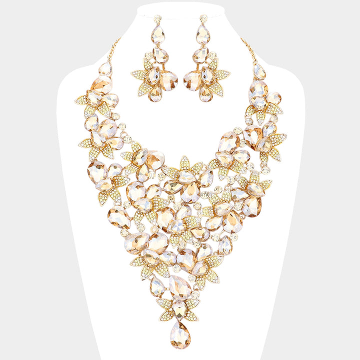 Gold, Lt Col Topaz Teardrop Stone Leaf Cluster Vine Statement Evening Necklace