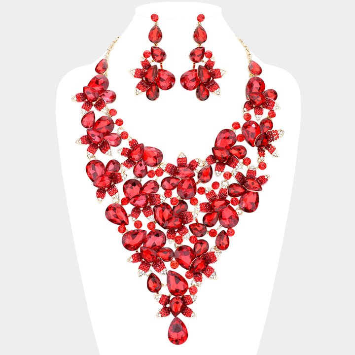Gold, Red Teardrop Stone Leaf Cluster Vine Statement Evening Necklace