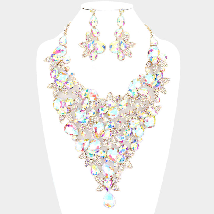 AB, Gold Teardrop Stone Leaf Cluster Vine Statement Evening Necklace
