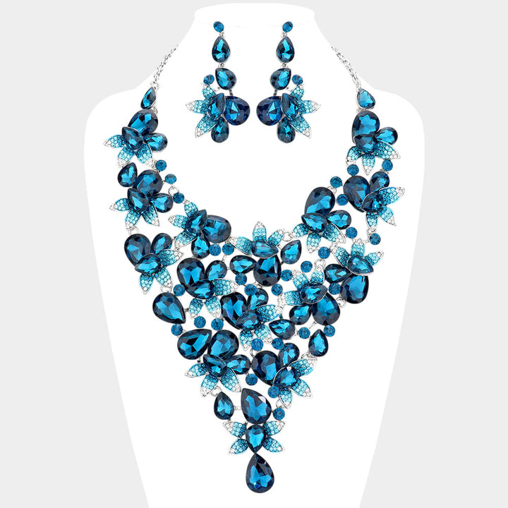 Blue Zircon Teardrop Stone Leaf Cluster Vine Statement Evening Necklace