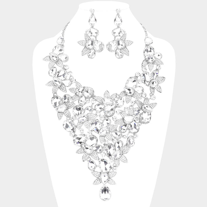 Clear, Silver Teardrop Stone Leaf Cluster Vine Statement Evening Necklace