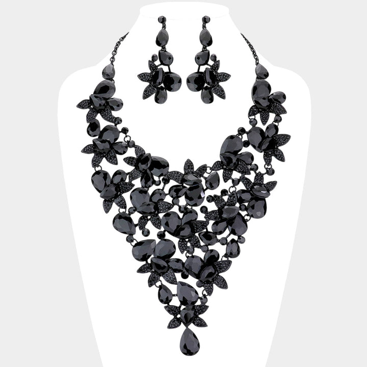 Black, Jet Black Teardrop Stone Leaf Cluster Vine Statement Evening Necklace