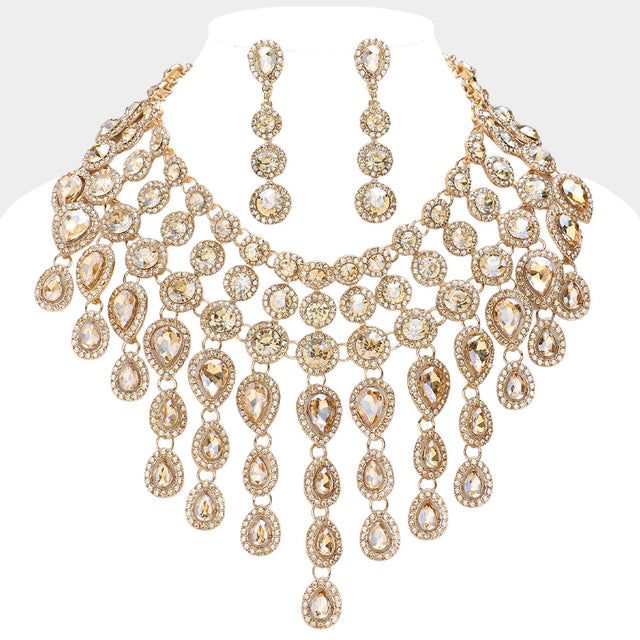 Madeline Love Gold, Lt Col Topaz Round Teardrop Stone Cluster Evening Bib Necklace