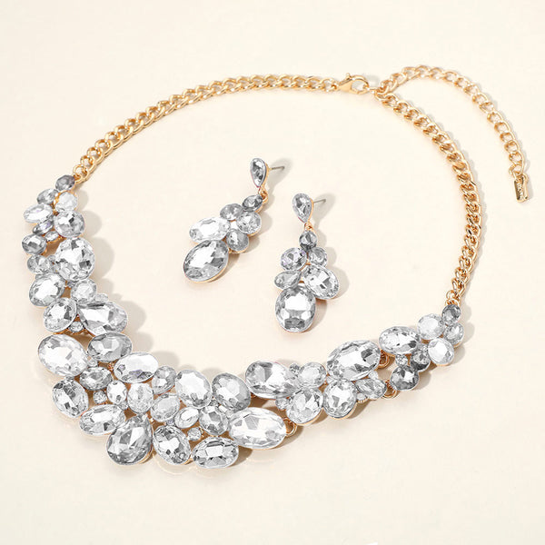 Clear, Gold Multi Stone Bubble Cluster Evening Necklace