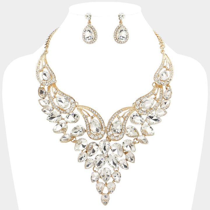 Clear, Gold Teardrop Stone Cluster Evening Bib Necklace