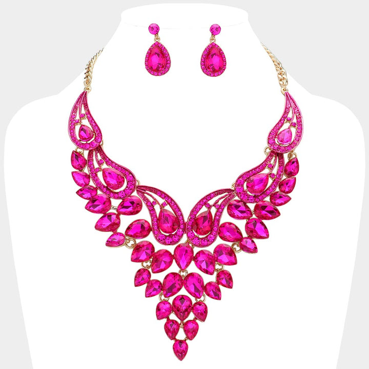 Fuchsia, Gold Teardrop Stone Cluster Evening Bib Necklace
