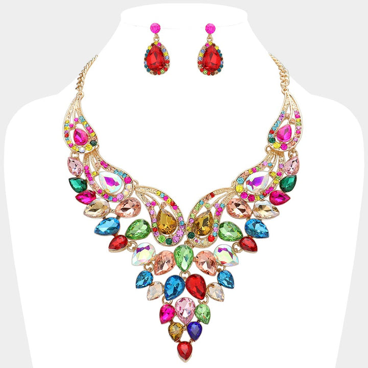 Gold, Multi Teardrop Stone Cluster Evening Bib Necklace