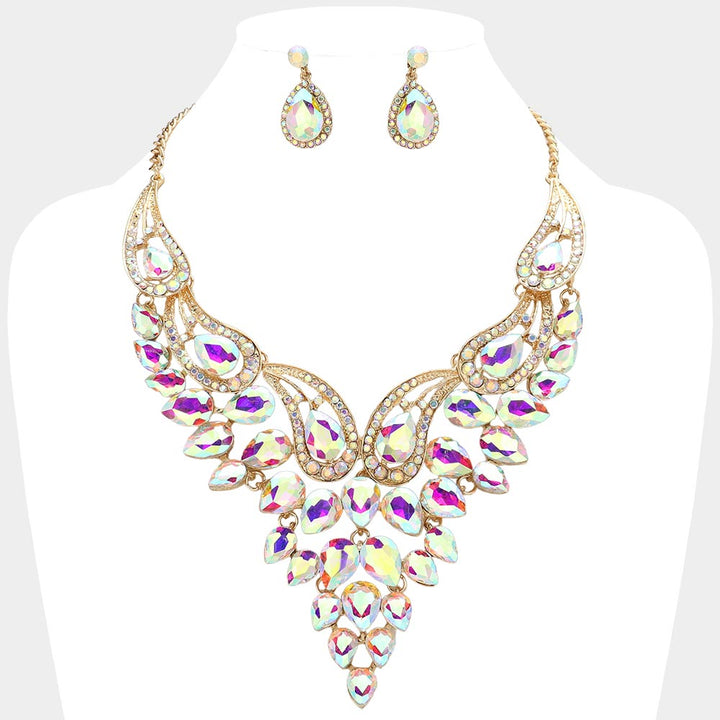 AB, Gold Teardrop Stone Cluster Evening Bib Necklace