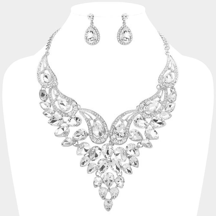 Clear, Silver Teardrop Stone Cluster Evening Bib Necklace