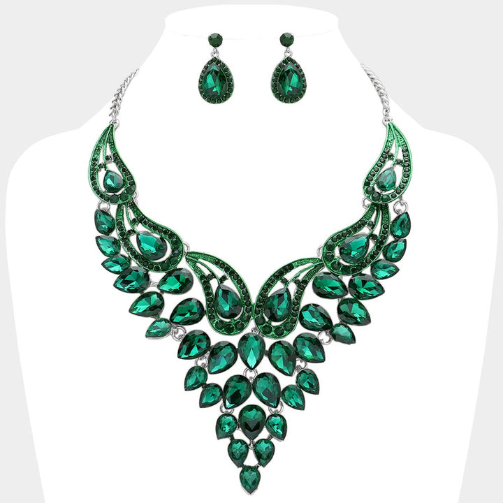 Green, Silver Teardrop Stone Cluster Evening Bib Necklace