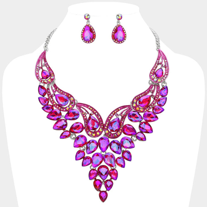 AB, Purple , Silver Teardrop Stone Cluster Evening Bib Necklace