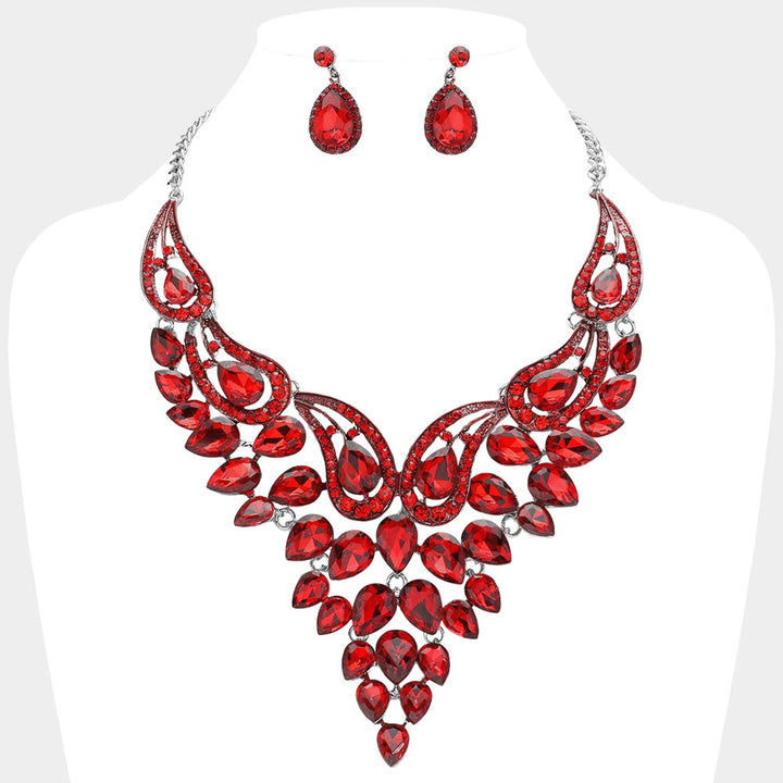 Red, Silver Teardrop Stone Cluster Evening Bib Necklace