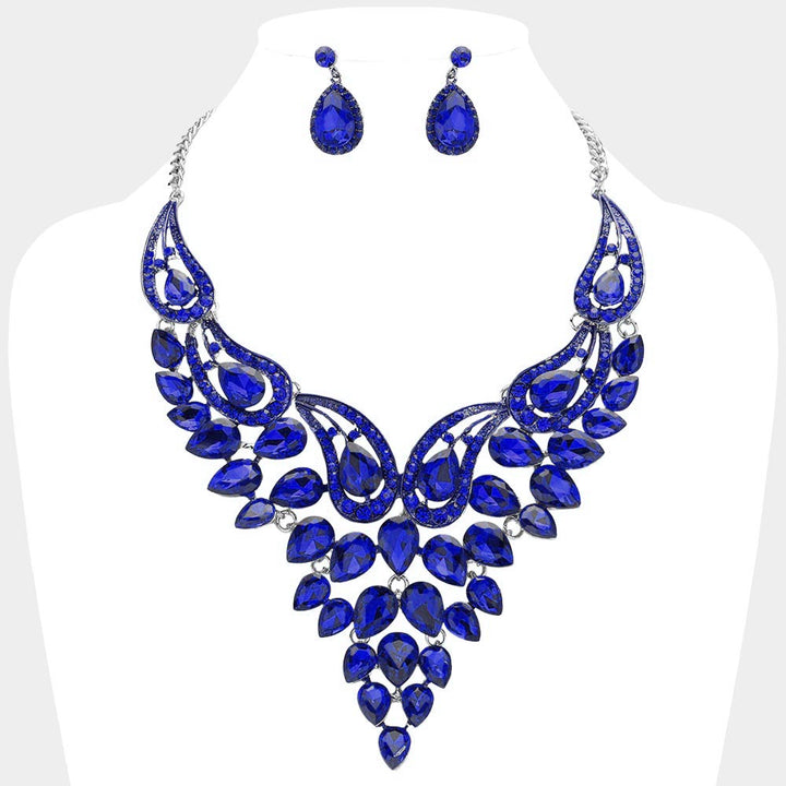 Sapphire, Silver Teardrop Stone Cluster Evening Bib Necklace