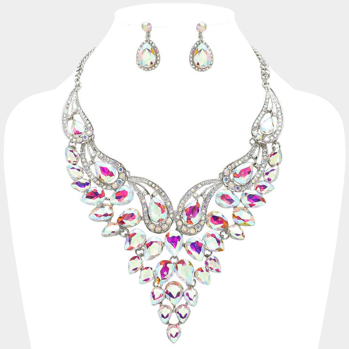 AB, Silver Teardrop Stone Cluster Evening Bib Necklace