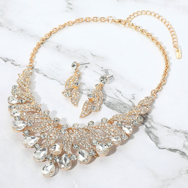 Clear, Gold Teardrop Stone Cluster Rhinestone Paved Embellished Collar Evening Necklace