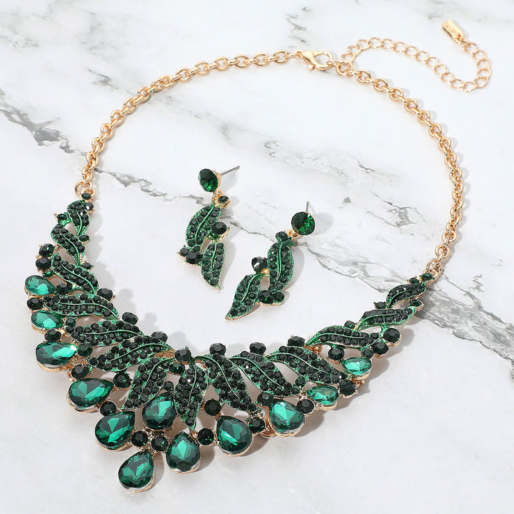 Gold, Green Teardrop Stone Cluster Rhinestone Paved Embellished Collar Evening Necklace