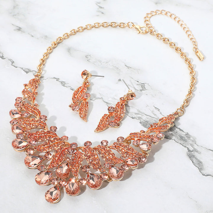 Gold, Peach Teardrop Stone Cluster Rhinestone Paved Embellished Collar Evening Necklace