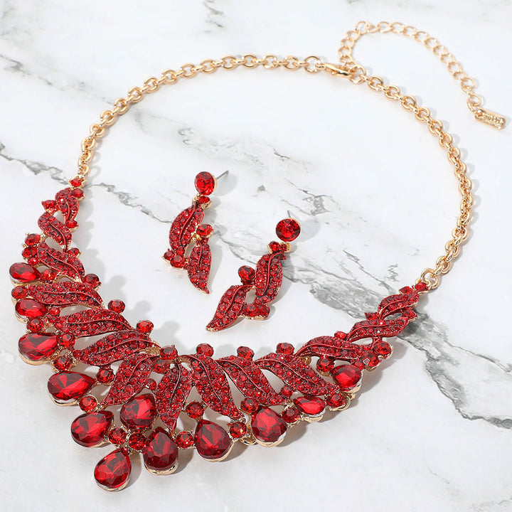 Gold, Red Teardrop Stone Cluster Rhinestone Paved Embellished Collar Evening Necklace