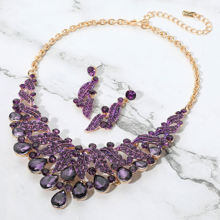Gold, Purple Teardrop Stone Cluster Rhinestone Paved Embellished Collar Evening Necklace