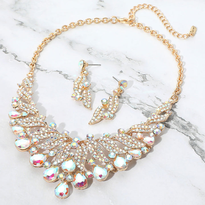 AB, Gold Teardrop Stone Cluster Rhinestone Paved Embellished Collar Evening Necklace