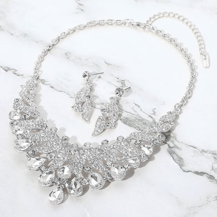 Clear, Silver Teardrop Stone Cluster Rhinestone Paved Embellished Collar Evening Necklace