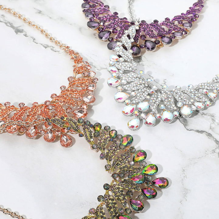 AB, Silver Teardrop Stone Cluster Rhinestone Paved Embellished Collar Evening Necklace