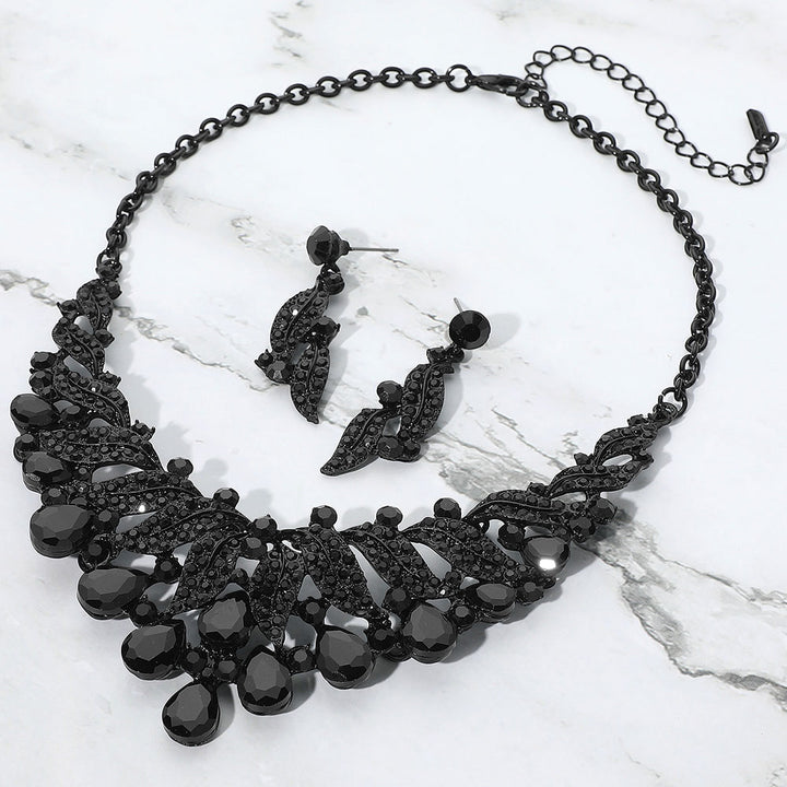 Black, Jet Black Teardrop Stone Cluster Rhinestone Paved Embellished Collar Evening Necklace