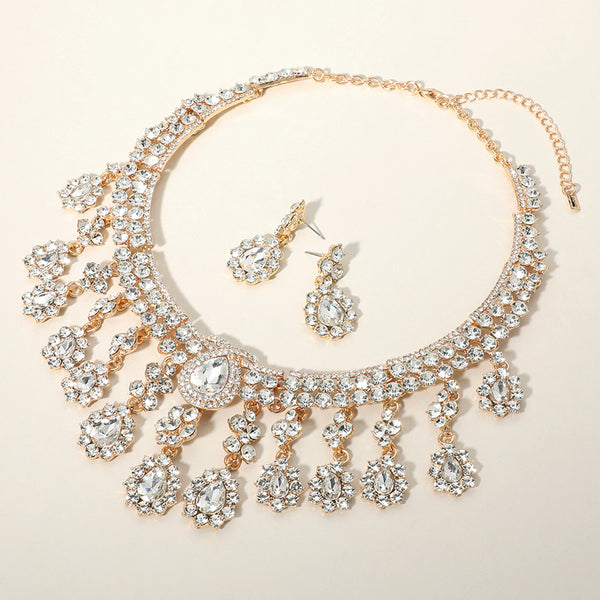 Clear, Gold Teardrop Stone Chandelier Evening Necklace