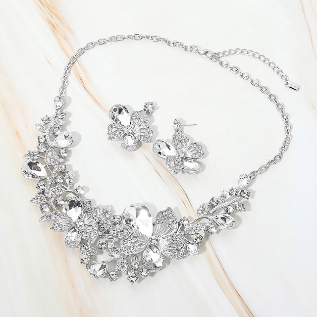 Madeline Love Clear, Rhodium Floral Crystal Embellished Evening Necklace