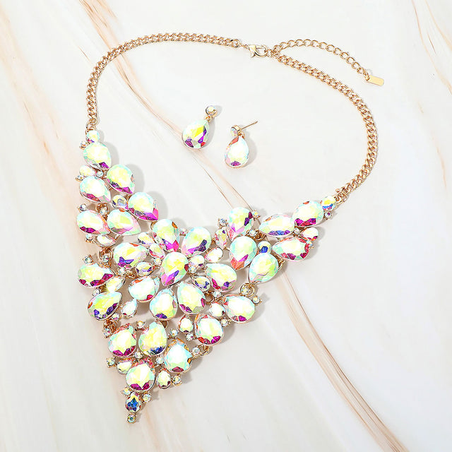 Madeline Love AB, Gold Bold Teardrop Cluster Embellished Evening Necklace