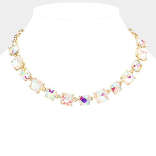 Women's Cushion Square Stone Link Evening Necklace - AB, Gold, White