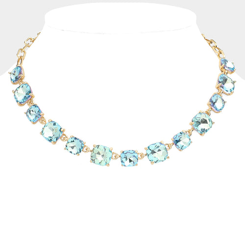 Women's Cushion Square Stone Link Evening Necklace - AB, Aqua