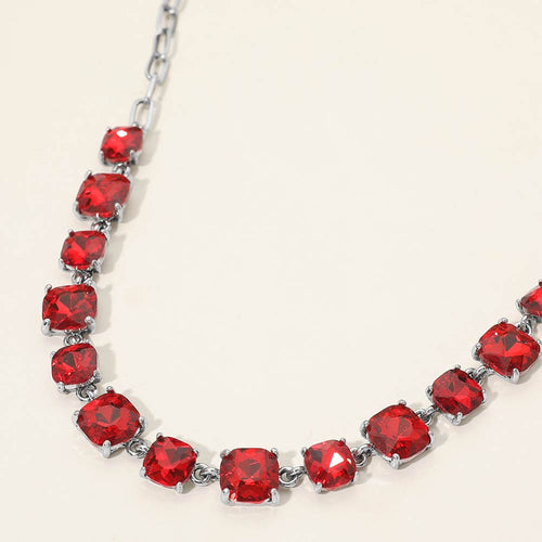 Women's Cushion Square Stone Link Evening Necklace - Antique Silver, Red